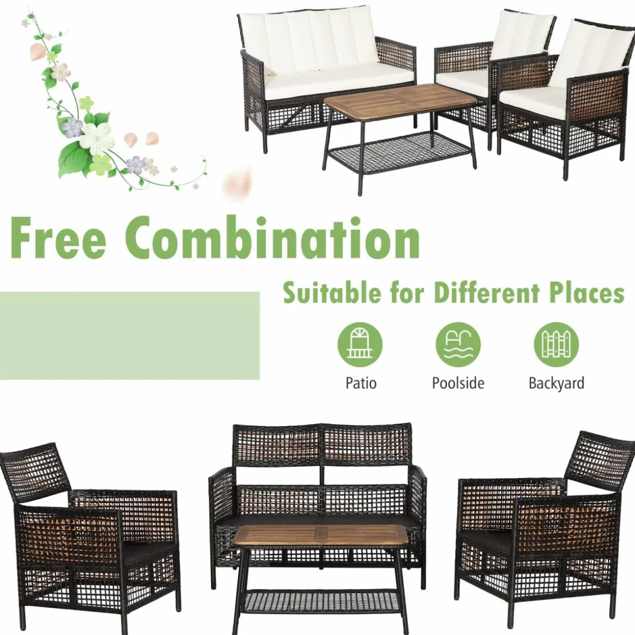 Tangkula Outdoor PE Wicker Conversation Set with 2-Tier Coffee Table