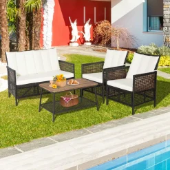 Tangkula Outdoor PE Wicker Conversation Set with 2-Tier Coffee Table