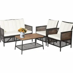 Tangkula Outdoor PE Wicker Conversation Set with 2-Tier Coffee Table