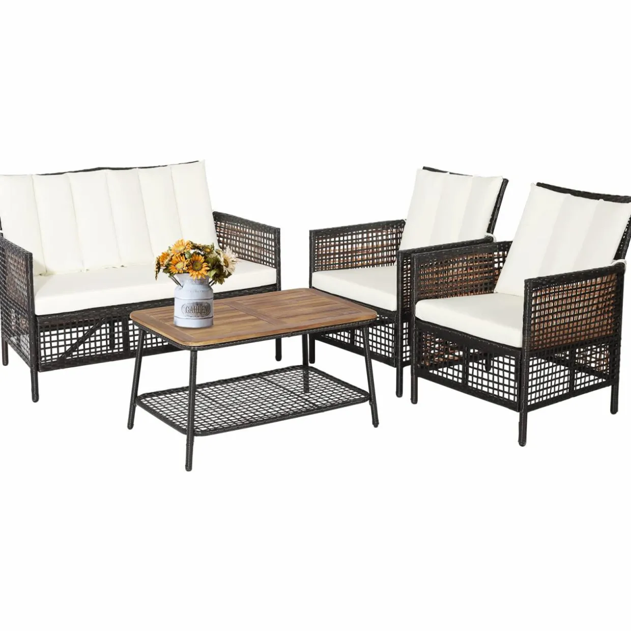 Tangkula Outdoor PE Wicker Conversation Set with 2-Tier Coffee Table