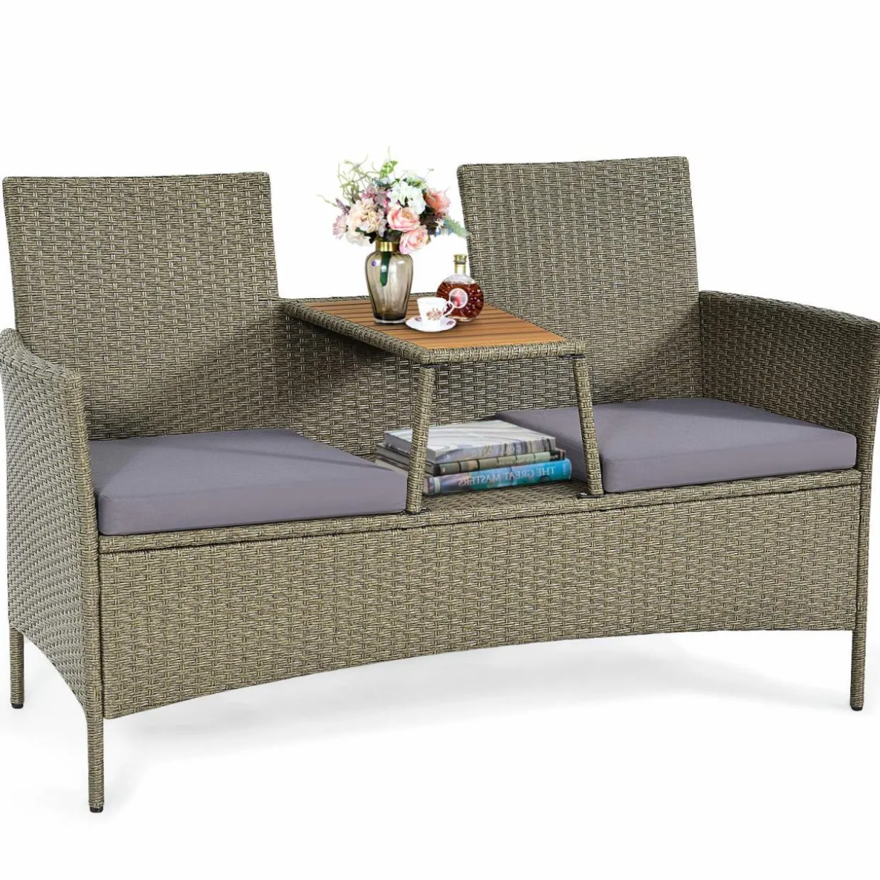 Tangkula Outdoor Rattan Loveseat, Patio 2-Person Wicker Conversation Set w/Cushion