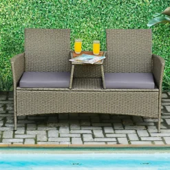 Tangkula Outdoor Rattan Loveseat, Patio 2-Person Wicker Conversation Set w/Cushion