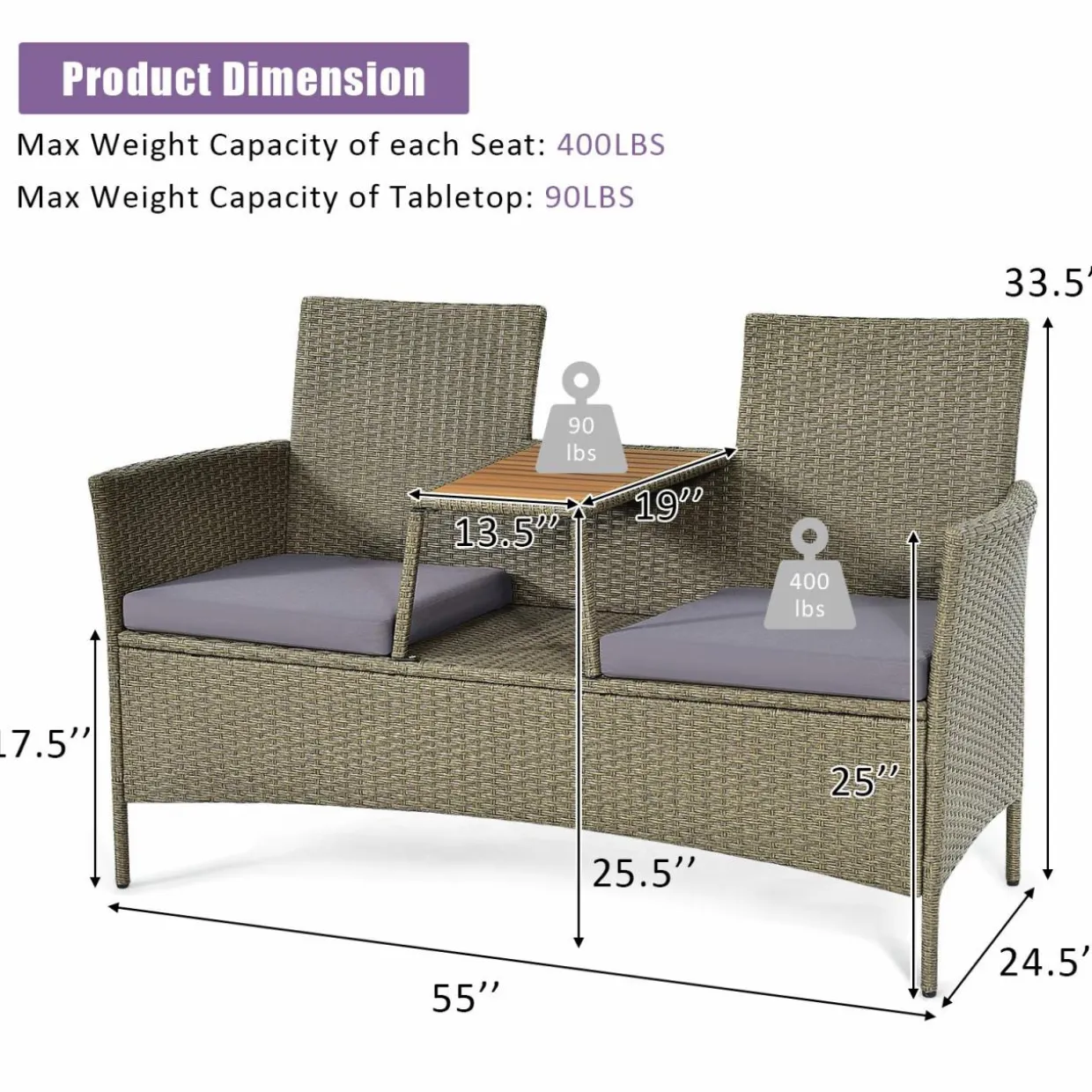 Tangkula Outdoor Rattan Loveseat, Patio 2-Person Wicker Conversation Set w/Cushion