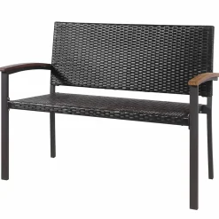 Tangkula Outdoor Stackable Bench, All-Weather PE Wicker Loveseat with Acacia Wood Armrests