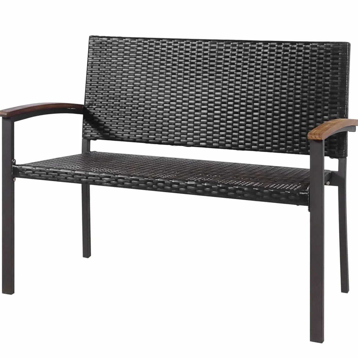 Tangkula Outdoor Stackable Bench, All-Weather PE Wicker Loveseat with Acacia Wood Armrests
