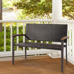Tangkula Outdoor Stackable Bench, All-Weather PE Wicker Loveseat with Acacia Wood Armrests