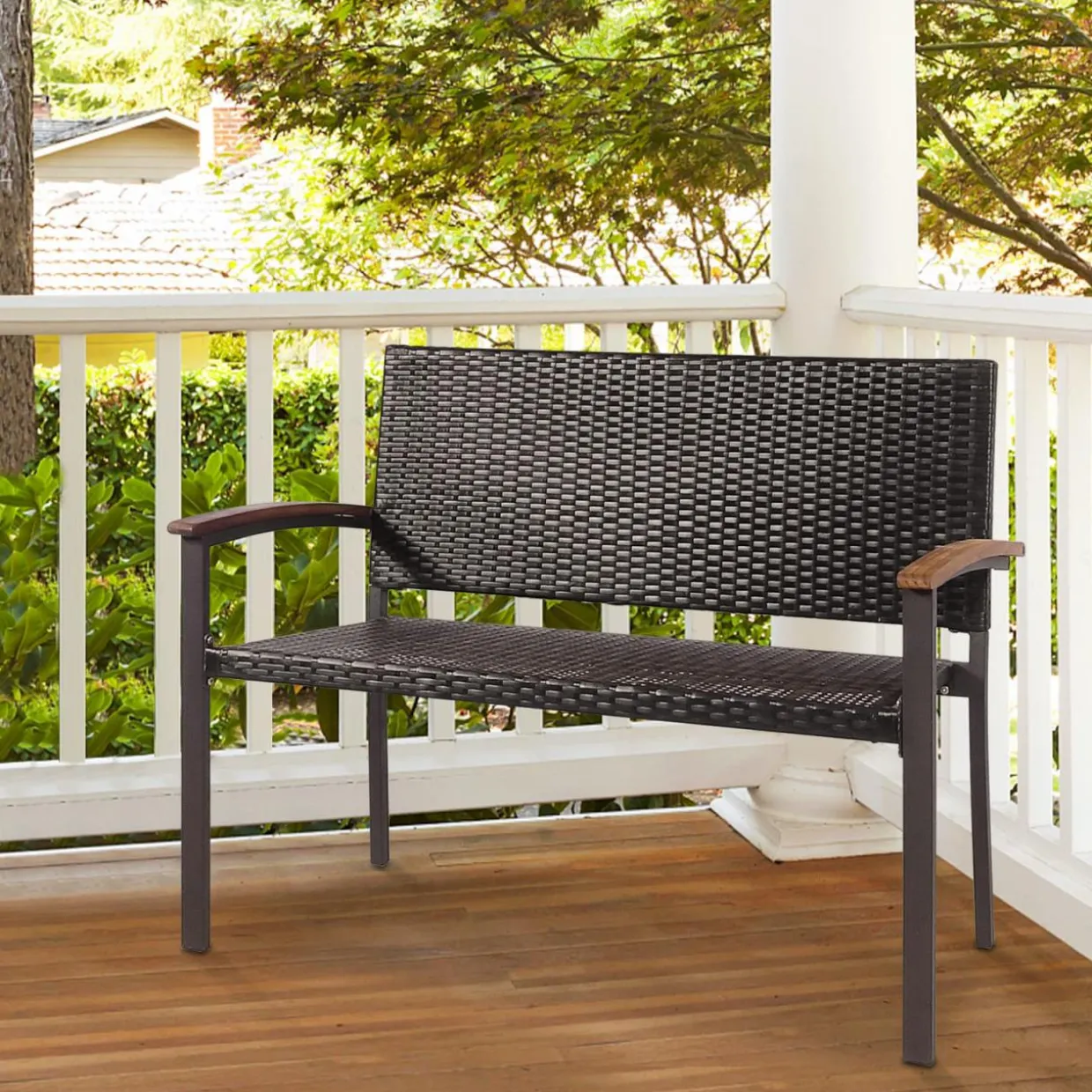 Tangkula Outdoor Stackable Bench, All-Weather PE Wicker Loveseat with Acacia Wood Armrests