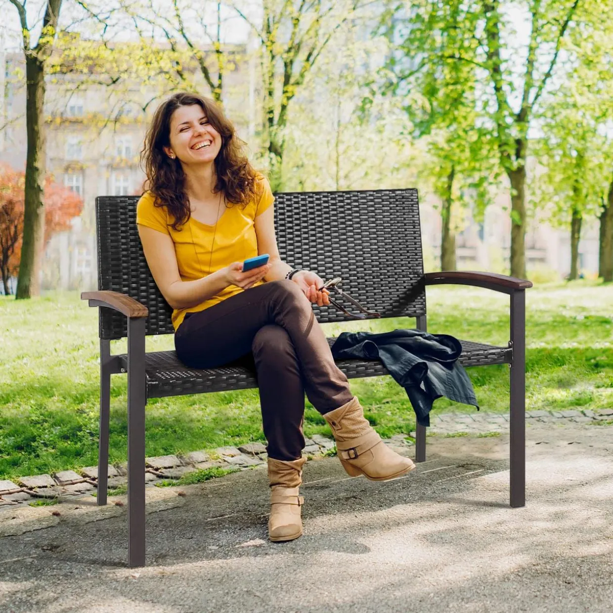Tangkula Outdoor Stackable Bench, All-Weather PE Wicker Loveseat with Acacia Wood Armrests
