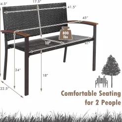 Tangkula Outdoor Stackable Bench, All-Weather PE Wicker Loveseat with Acacia Wood Armrests