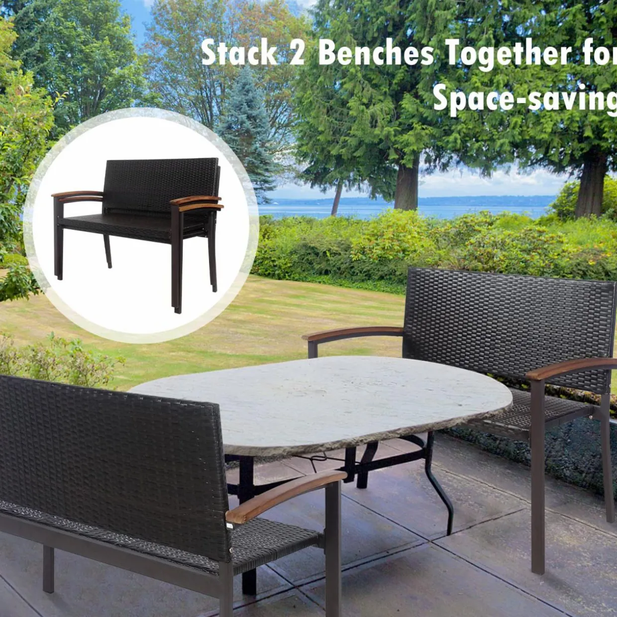 Tangkula Outdoor Stackable Bench, All-Weather PE Wicker Loveseat with Acacia Wood Armrests