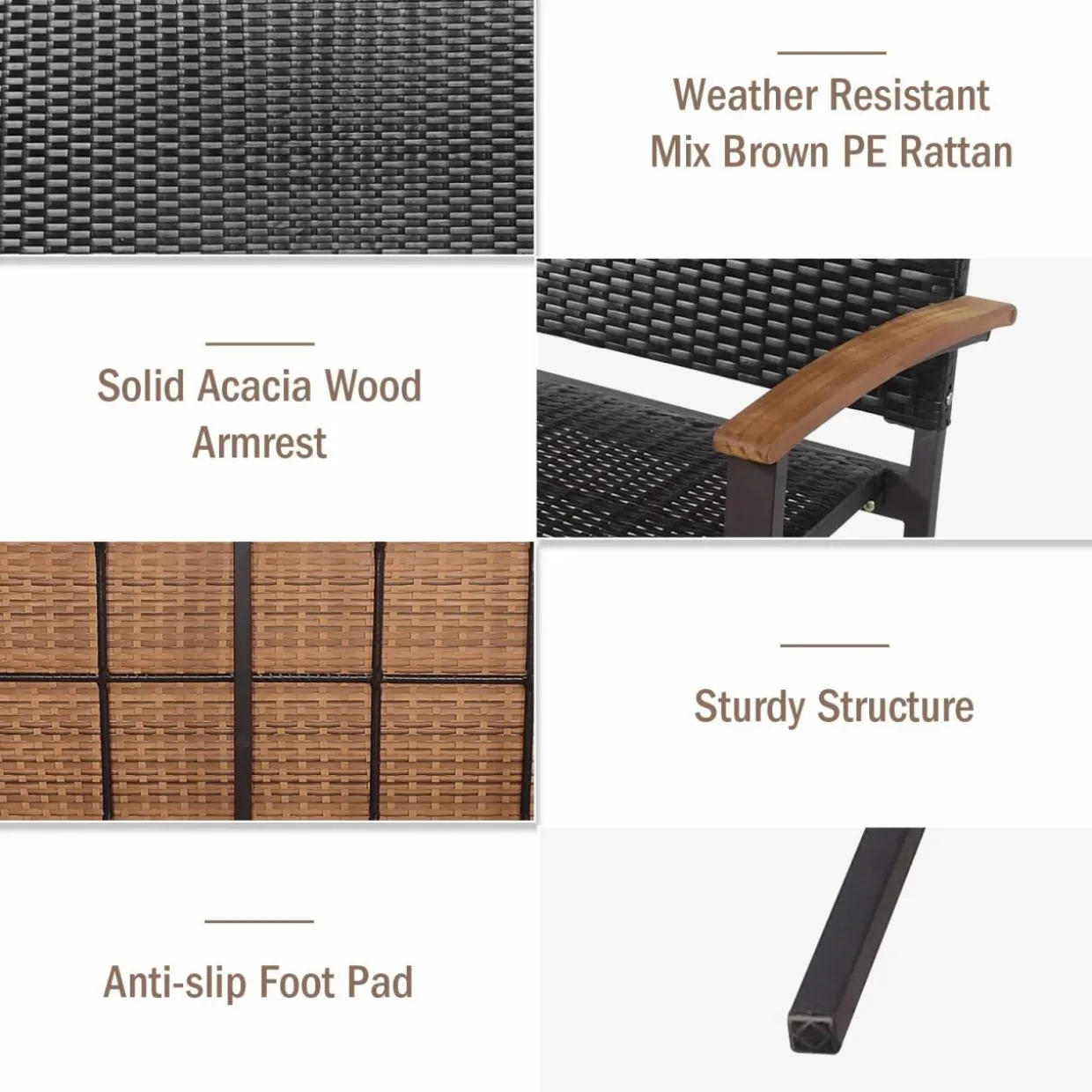 Tangkula Outdoor Stackable Bench, All-Weather PE Wicker Loveseat with Acacia Wood Armrests