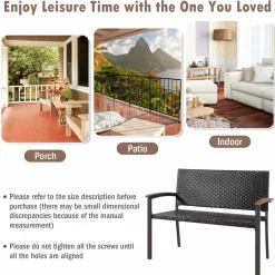 Tangkula Outdoor Stackable Bench, All-Weather PE Wicker Loveseat with Acacia Wood Armrests