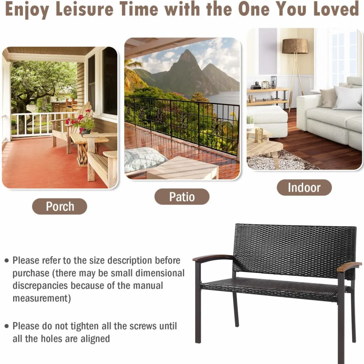 Tangkula Outdoor Stackable Bench, All-Weather PE Wicker Loveseat with Acacia Wood Armrests
