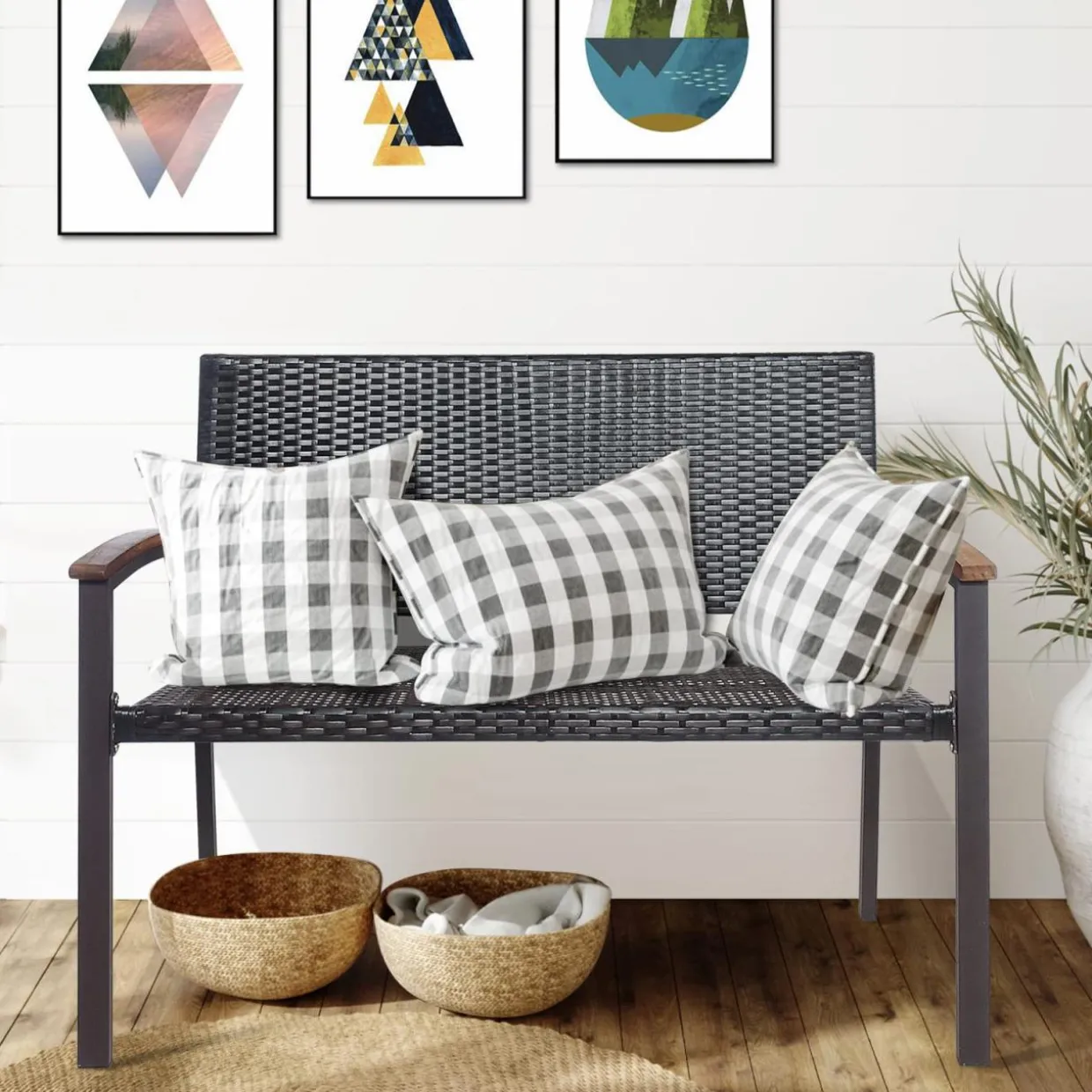 Tangkula Outdoor Stackable Bench, All-Weather PE Wicker Loveseat with Acacia Wood Armrests