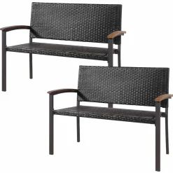 Tangkula Outdoor Stackable Bench, All-Weather PE Wicker Loveseat with Acacia Wood Armrests
