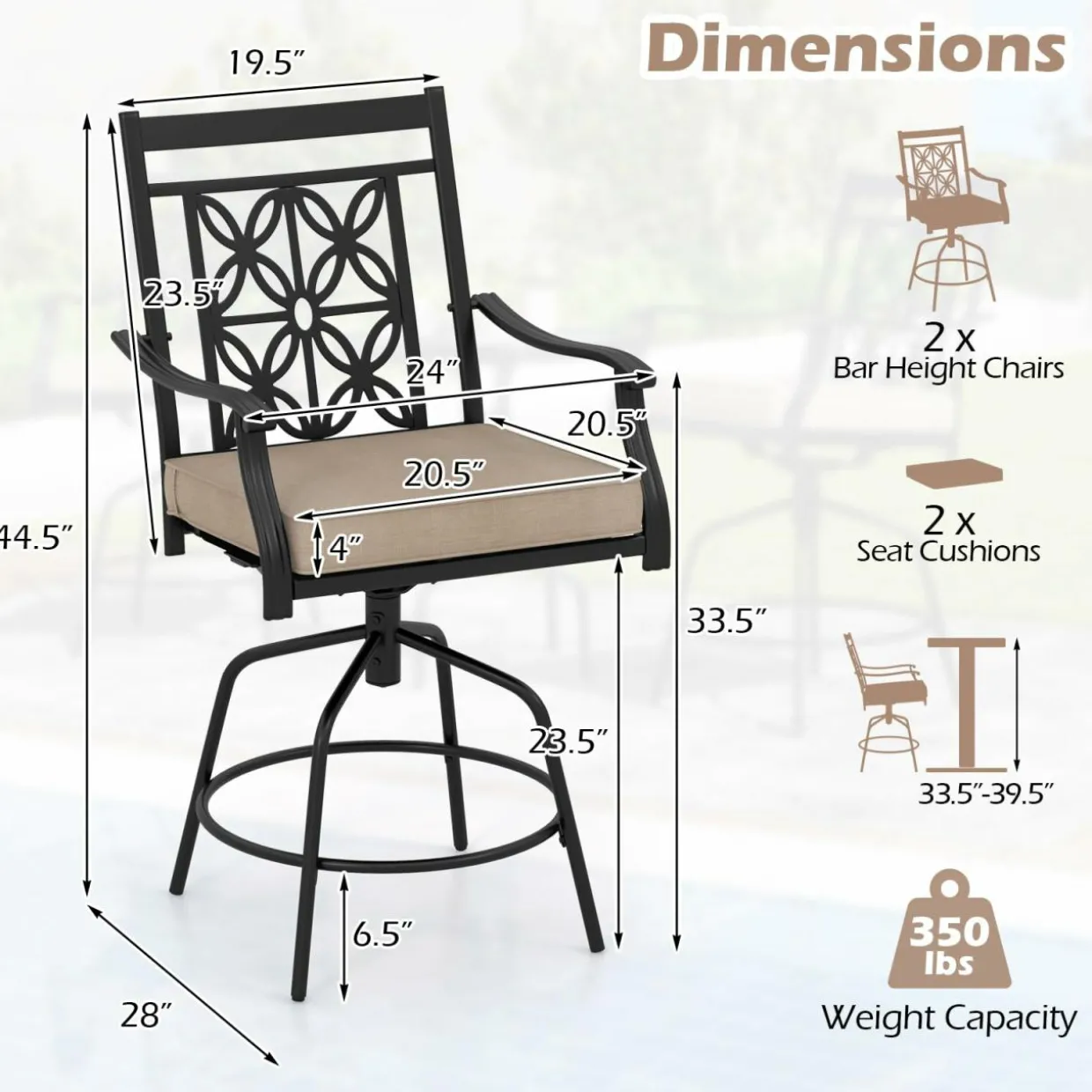 Tangkula Outdoor Swivel Bar Stools Set, Bar Height Patio Chairs with Seat Cushions