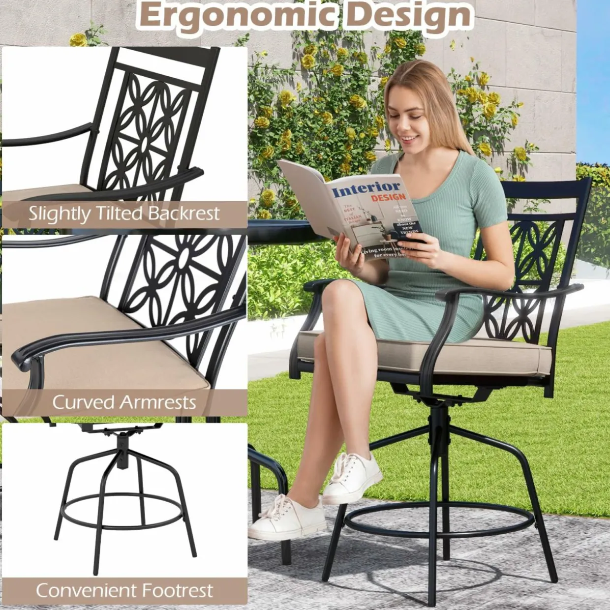Tangkula Outdoor Swivel Bar Stools Set, Bar Height Patio Chairs with Seat Cushions