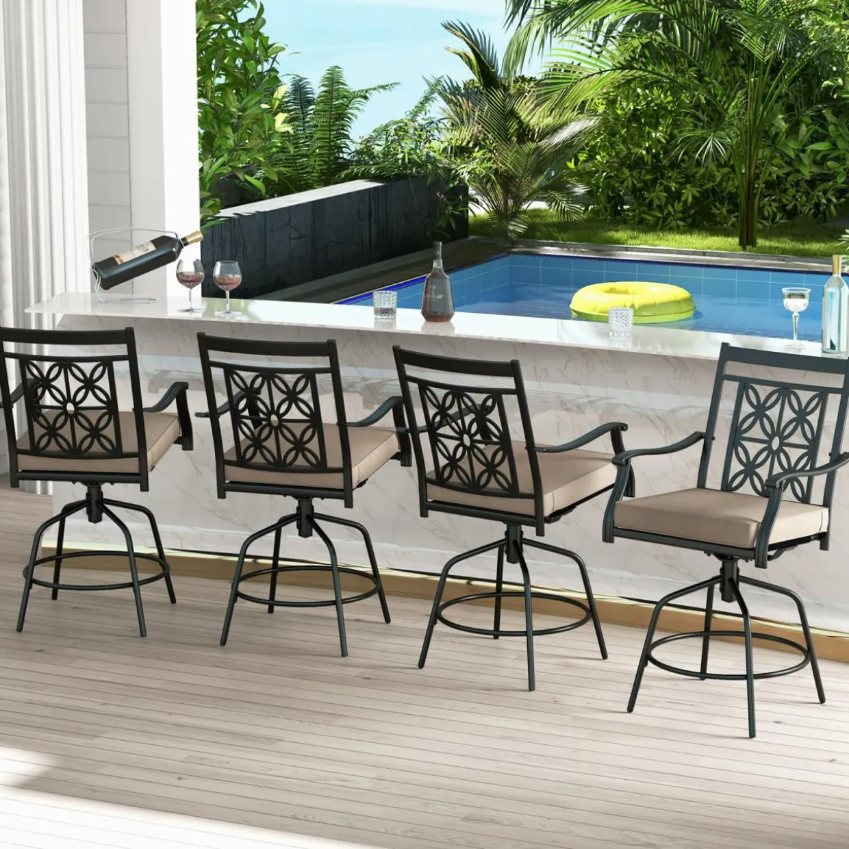 Tangkula Outdoor Swivel Bar Stools Set, Bar Height Patio Chairs with Seat Cushions