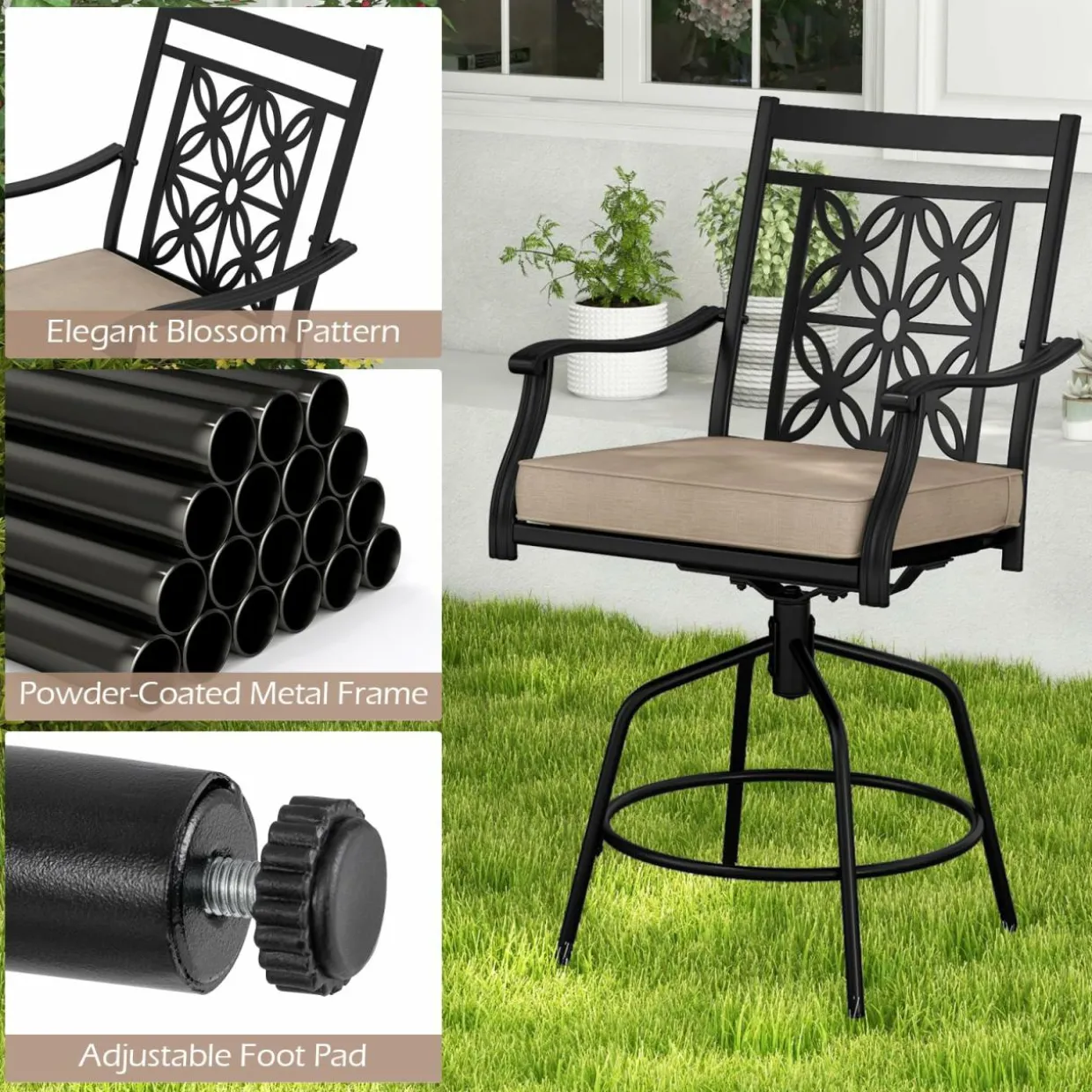 Tangkula Outdoor Swivel Bar Stools Set, Bar Height Patio Chairs with Seat Cushions