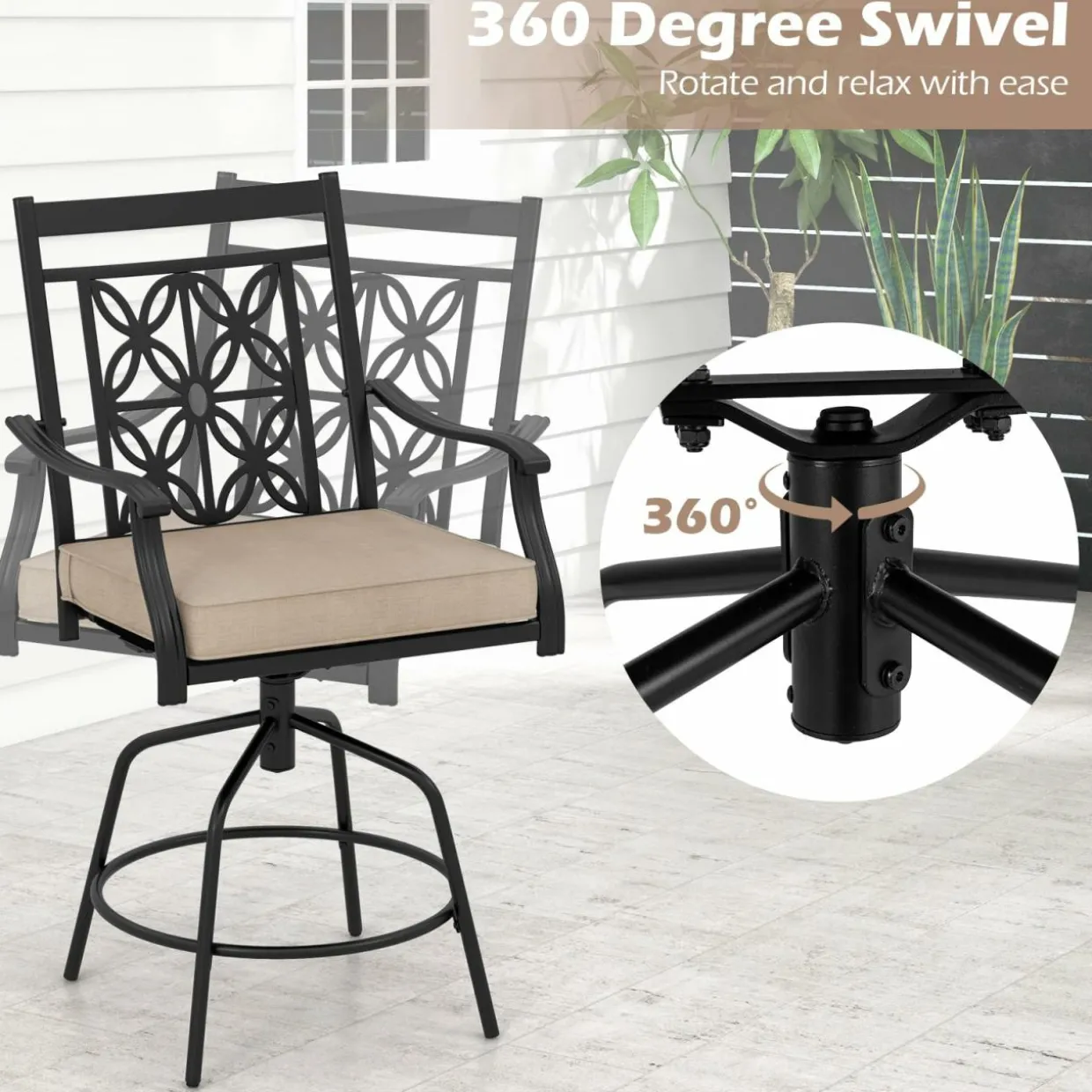 Tangkula Outdoor Swivel Bar Stools Set, Bar Height Patio Chairs with Seat Cushions