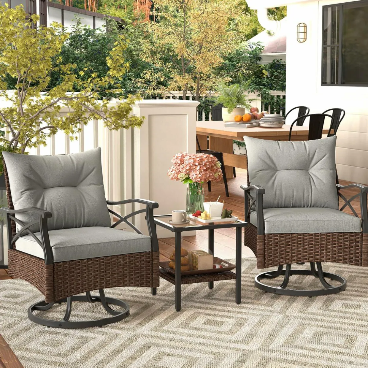 Tangkula Outdoor Swivel Rocking Chairs Set, 360 Degree Rocker Chairs with 2-Tier Tempered Glass Side Table