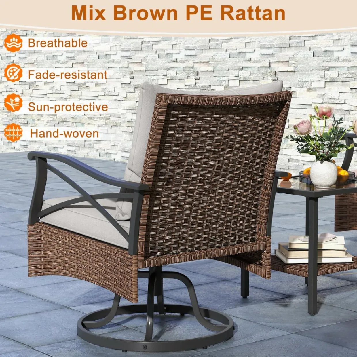 Tangkula Outdoor Swivel Rocking Chairs Set, 360 Degree Rocker Chairs with 2-Tier Tempered Glass Side Table