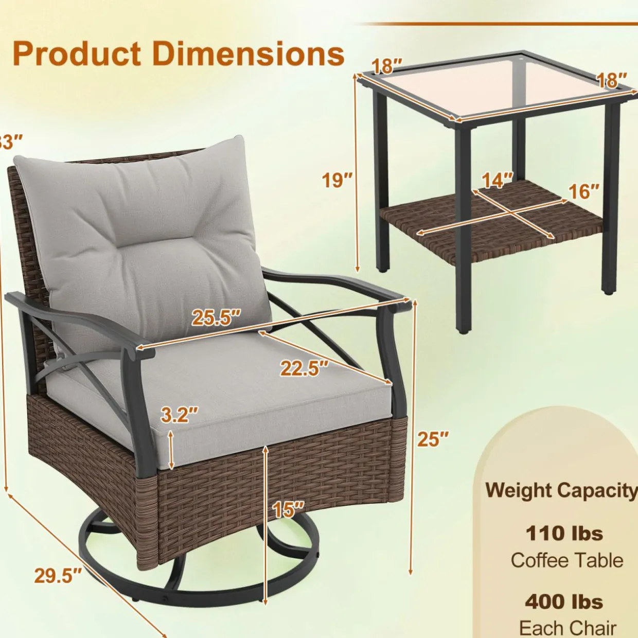 Tangkula Outdoor Swivel Rocking Chairs Set, 360 Degree Rocker Chairs with 2-Tier Tempered Glass Side Table