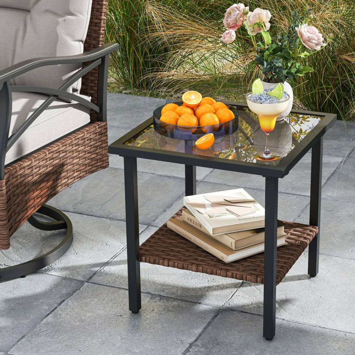 Tangkula Outdoor Swivel Rocking Chairs Set, 360 Degree Rocker Chairs with 2-Tier Tempered Glass Side Table