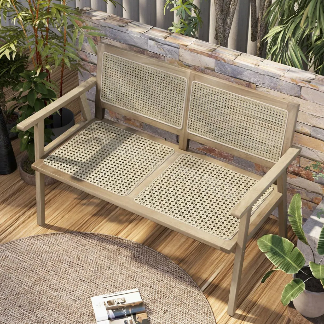 Tangkula Outdoor Teak Wood Garden Bench, 2-Person Patio Bench