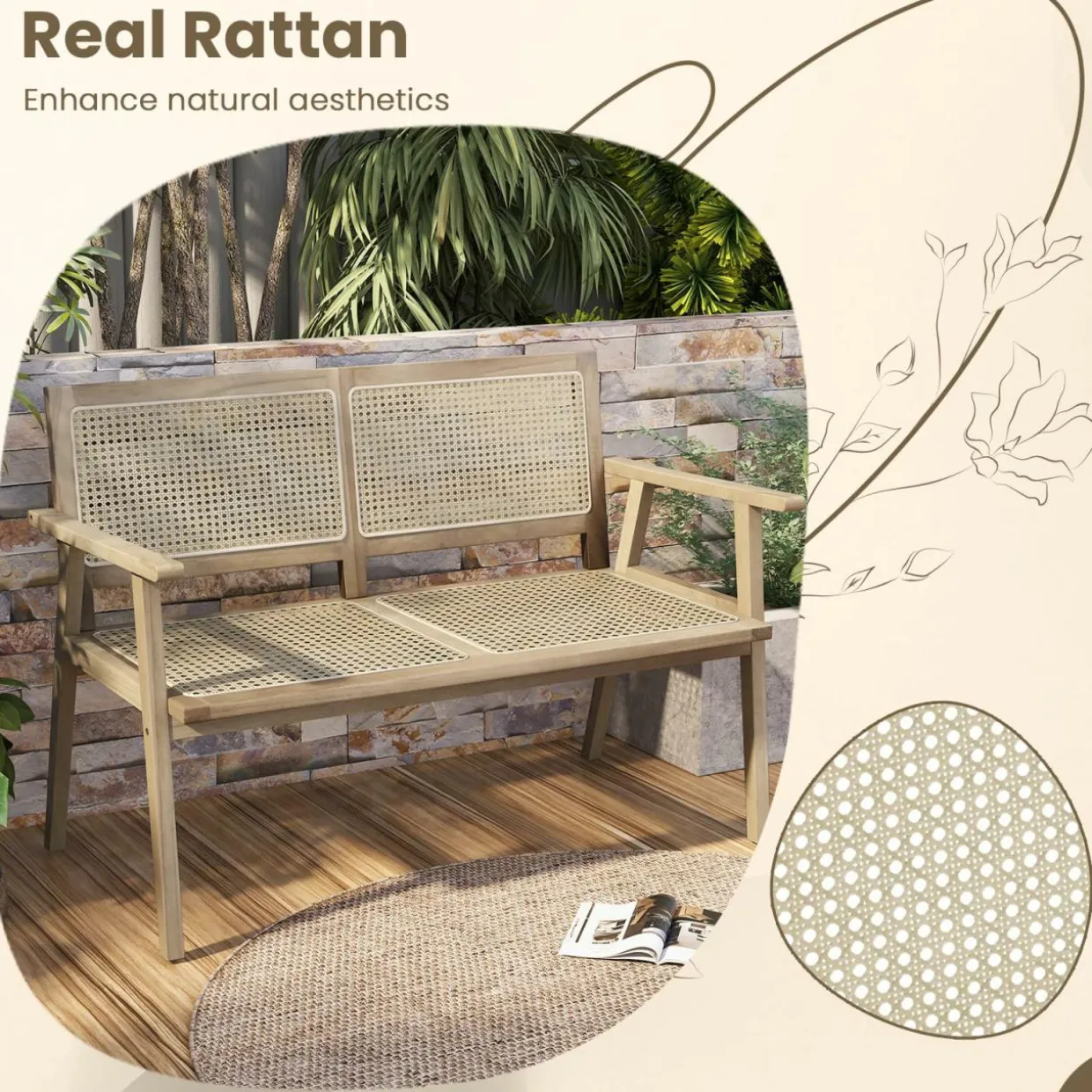Tangkula Outdoor Teak Wood Garden Bench, 2-Person Patio Bench