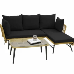 Tangkula Outdoor Wicker Furniture Set, 3-Piece L-Shaped Patio Sofa with Cushions & Tempered Glass Table