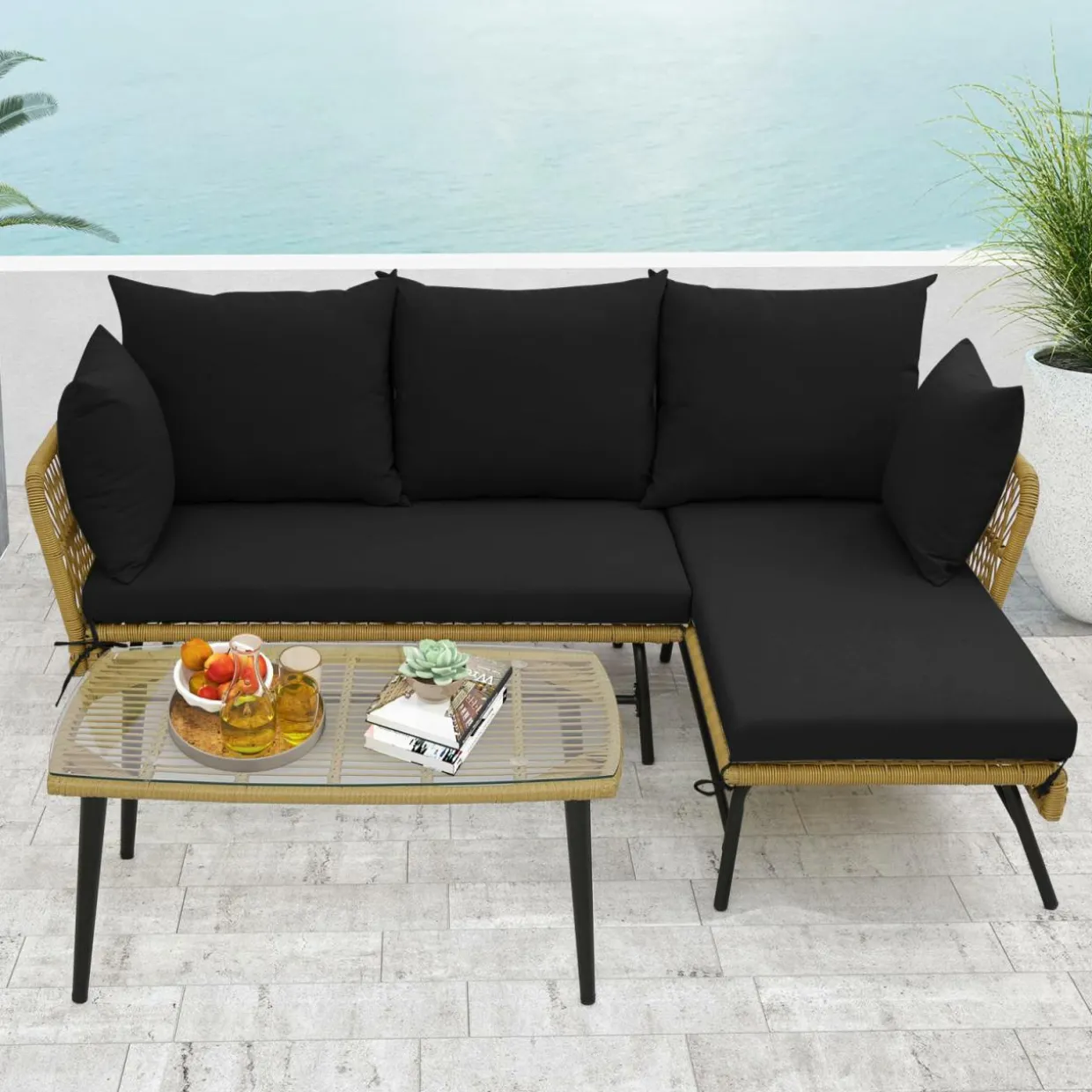 Tangkula Outdoor Wicker Furniture Set, 3-Piece L-Shaped Patio Sofa with Cushions & Tempered Glass Table
