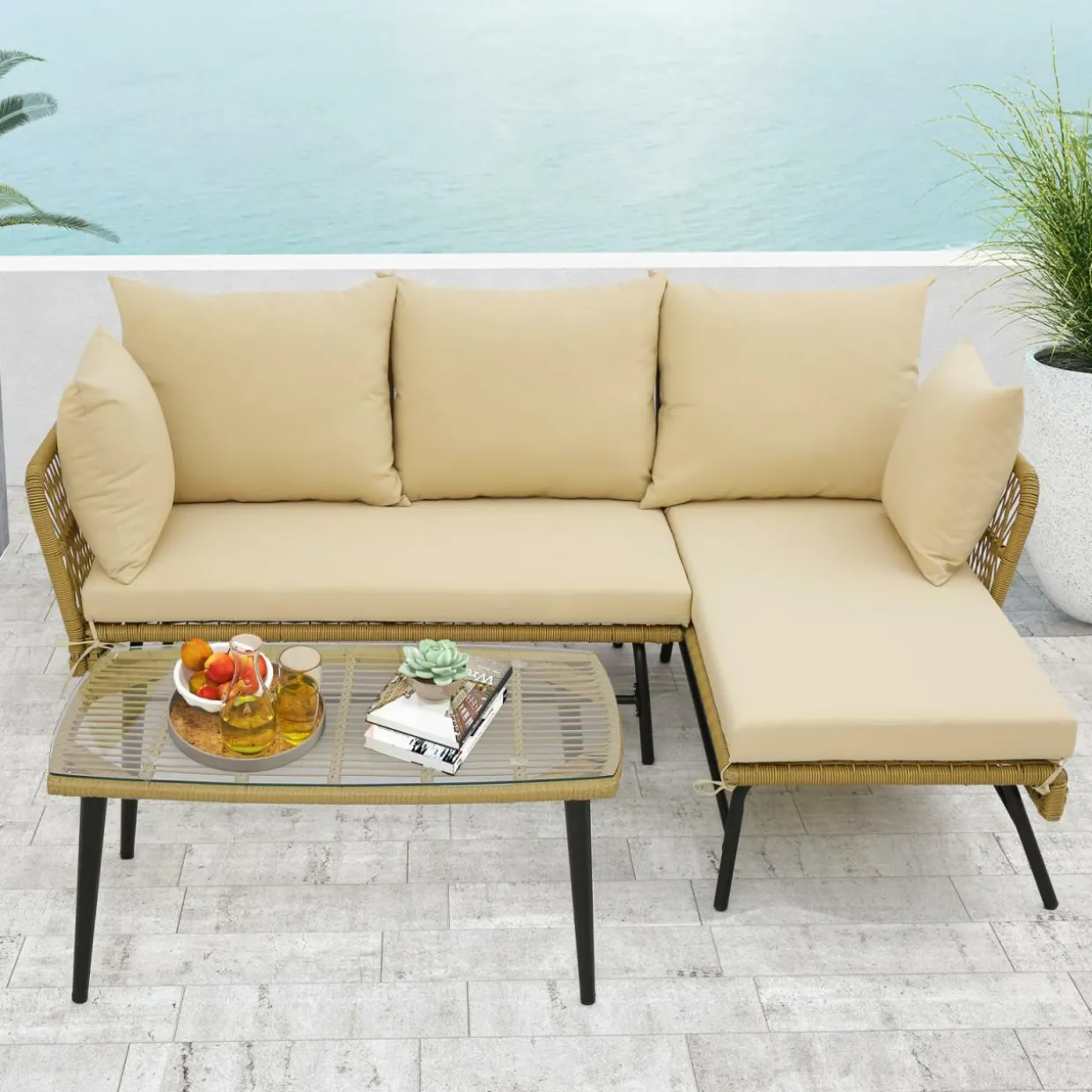Tangkula Outdoor Wicker Furniture Set, 3-Piece L-Shaped Patio Sofa with Cushions & Tempered Glass Table