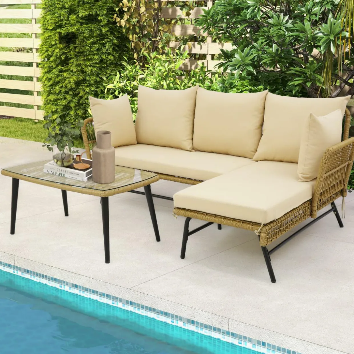 Tangkula Outdoor Wicker Furniture Set, 3-Piece L-Shaped Patio Sofa with Cushions & Tempered Glass Table