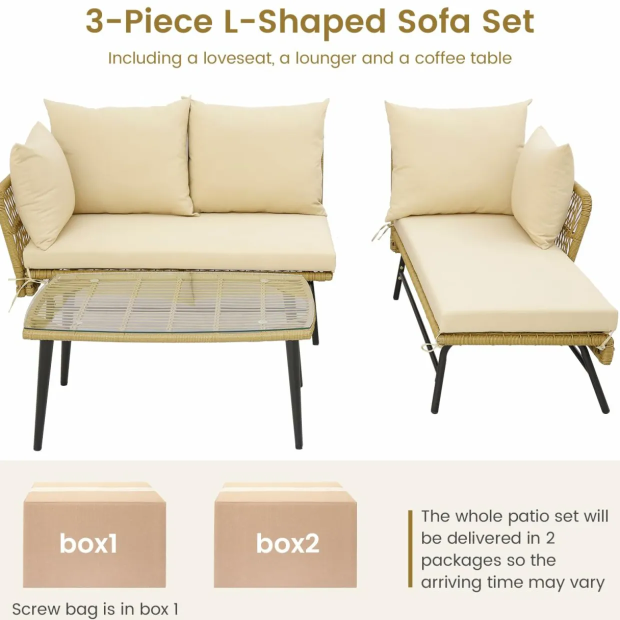 Tangkula Outdoor Wicker Furniture Set, 3-Piece L-Shaped Patio Sofa with Cushions & Tempered Glass Table