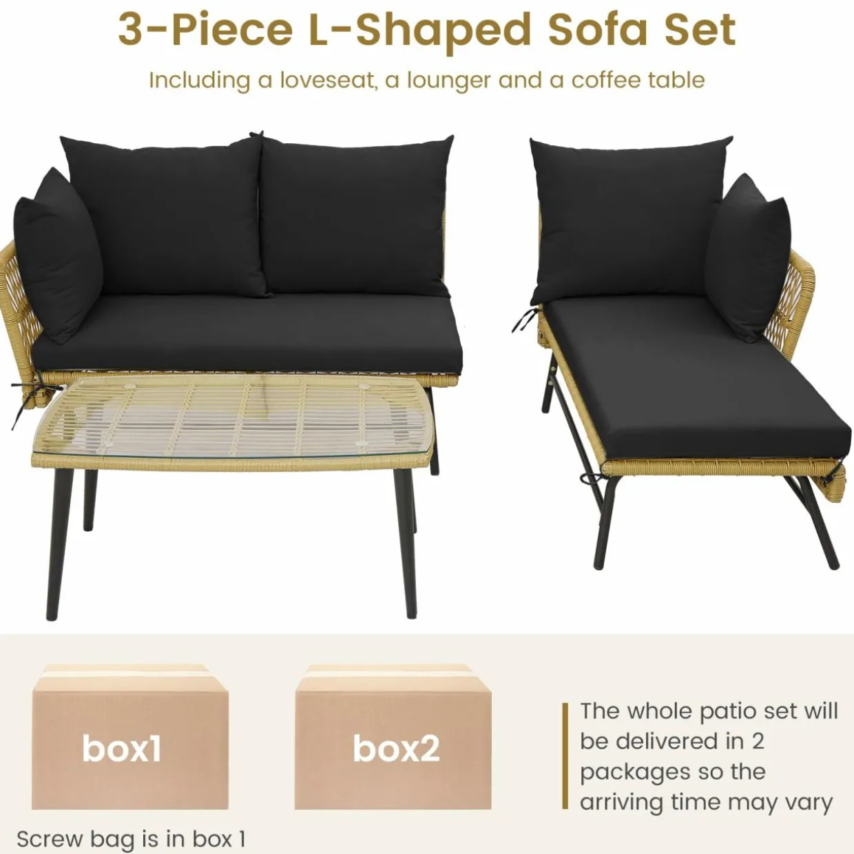Tangkula Outdoor Wicker Furniture Set, 3-Piece L-Shaped Patio Sofa with Cushions & Tempered Glass Table