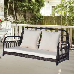 Tangkula Outdoor Wicker Porch Swing, 2-Person Hanging Seat with Seat & Back Cushions