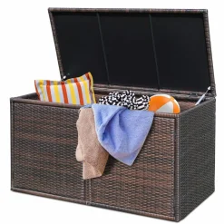 Tangkula Outdoor Wicker Storage Box, Garden Deck Bin with Steel Frame