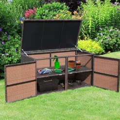 Tangkula Outdoor Wicker Storage Box, Garden Deck Bin with Steel Frame
