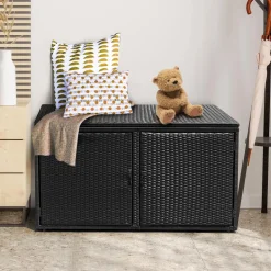 Tangkula Outdoor Wicker Storage Box, Garden Deck Bin with Steel Frame