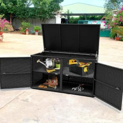 Tangkula Outdoor Wicker Storage Box, Garden Deck Bin with Steel Frame