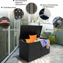 Tangkula Outdoor Wicker Storage Box, Garden Deck Bin with Steel Frame