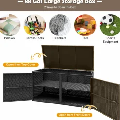 Tangkula Outdoor Wicker Storage Box, Garden Deck Bin with Steel Frame