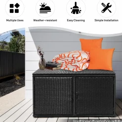 Tangkula Outdoor Wicker Storage Box, Garden Deck Bin with Steel Frame