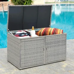 Tangkula Outdoor Wicker Storage Box, Garden Deck Bin with Steel Frame