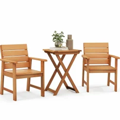 Tangkula Outdoor Wood Bistro Set, 2 Hardwood Chairs & Folding Bistro Table Set, Slatted Seat & Tabletop