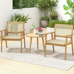 Tangkula Outdoor Wood Chair, Teak Wood Armchair with Rattan Seat & Back