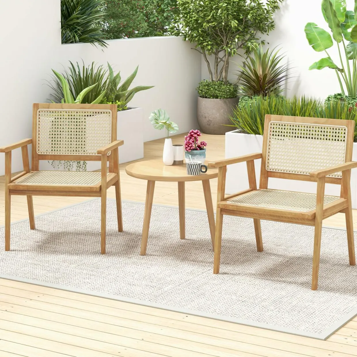 Tangkula Outdoor Wood Chair, Teak Wood Armchair with Rattan Seat & Back