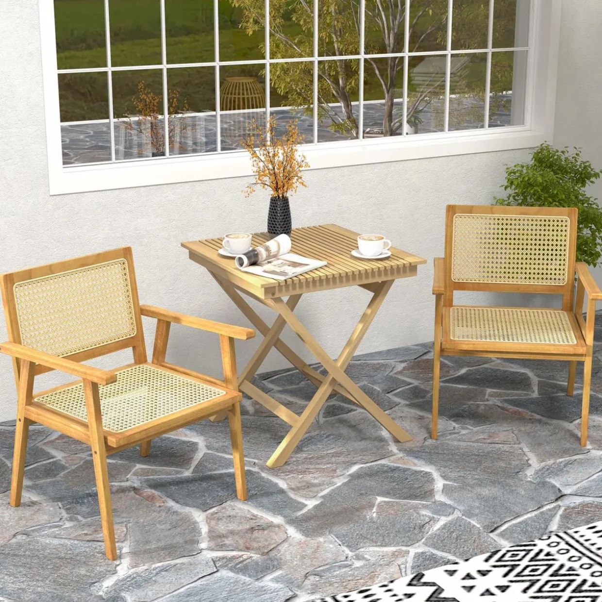 Tangkula Outdoor Wood Chair, Teak Wood Armchair with Rattan Seat & Back