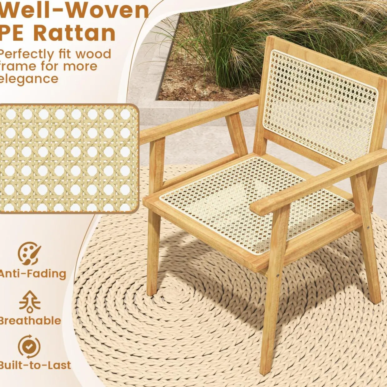 Tangkula Outdoor Wood Chair, Teak Wood Armchair with Rattan Seat & Back
